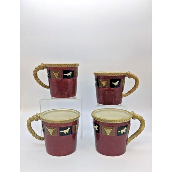 Sonoma Home Happy Trails Red 16 oz Ceramic Coffee Tea Mugs Western Horse Set 4 - Picture 1 of 10